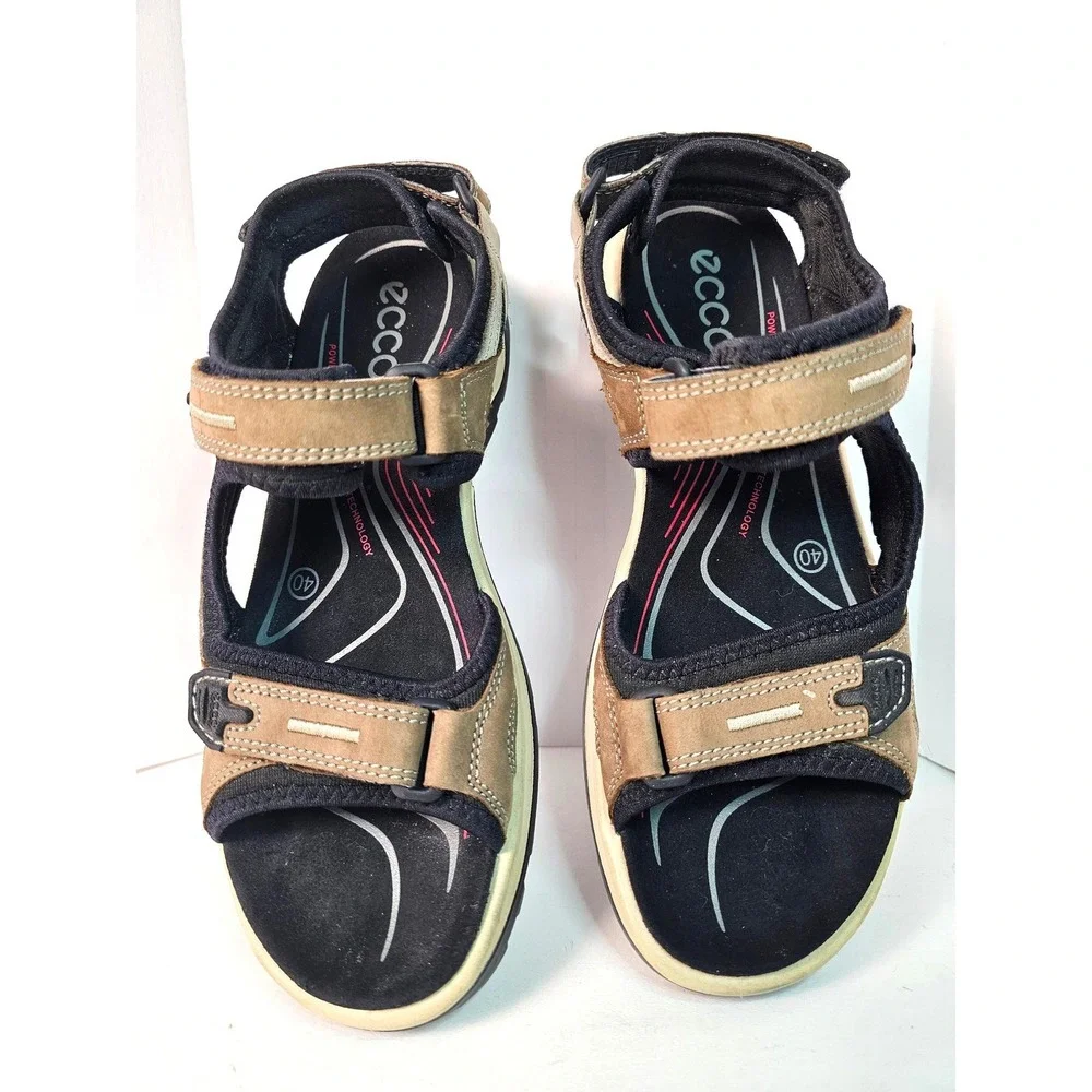 ECCO Yucatan Womens Brown Black Nubuck Leather Sport Sandals‎ 9.5 / 40